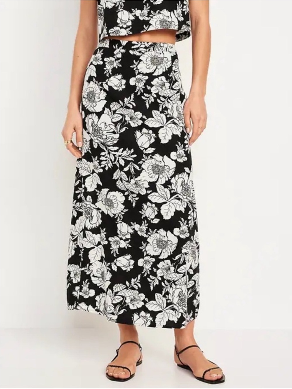 Black & White Floral Linen Blend Midi Skirt